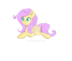 Size: 1024x878 | Tagged: safe, artist:sparkleshadow, derpibooru import, fluttershy, butterfly, pegasus, pony, deviantart watermark, female, folded wings, looking at something, lying down, mare, obtrusive watermark, prone, simple background, solo, transparent background, watermark, wings