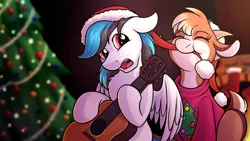 Size: 3840x2160 | Tagged: safe, artist:sugaryviolet, derpibooru import, oc, oc:emi goat, oc:turquoise splash, unofficial characters only, goat, pony, christmas, christmas tree, clothes, cute, eating, female, guitar, hat, holiday, male, musical instrument, ocbetes, santa hat, stallion, sweater, tree