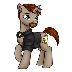 Size: 1280x1280 | Tagged: safe, artist:shido-tara, artist:shidotara, derpibooru import, oc, oc:6-9, pony, unicorn, 2019 community collab, derpibooru community collaboration, beard, clothes, facial hair, shirt, simple background, solo, standing, transparent background, watching