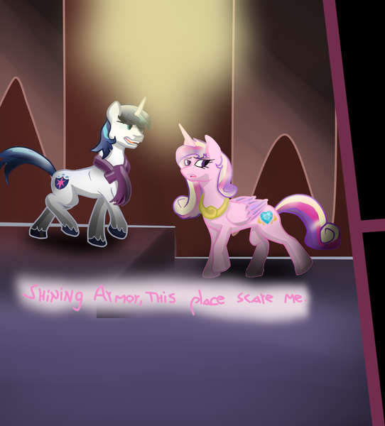 Size: 898x995 | Tagged: safe, artist:shehaveboththings, derpibooru import, princess cadance, shining armor, alicorn, pony, unicorn, clothes, cutie mark, dialogue, lightning, scarf, shadow