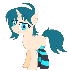 Size: 402x420 | Tagged: safe, artist:fandom-crockpot, derpibooru import, oc, oc:cross-play, unofficial characters only, pony, unicorn, blank flank, clothes, female, grin, mare, simple background, smiling, socks, solo, striped socks, transparent background