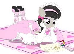 Size: 3000x2193 | Tagged: alice in wonderland, anthro, artist:avchonline, bow, clothes, crayon, crayon drawing, derpibooru import, dress, eyeshadow, female, gloves, hair bow, hello kitty, long gloves, maid, makeup, mare, mary janes, octamaid, octavia melody, pantyhose, pinafore, safe, sanrio, shoes, traditional art