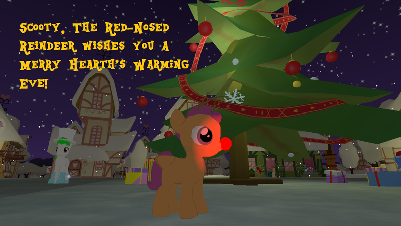 Size: 1920x1080 | Tagged: safe, derpibooru import, scootaloo, oc, oc:maplesweet, pegasus, pony, antlers, cowpony hat, enchanted ice skates, female, filly, flower, flower shop, foal, game, game screencap, garland, gift wrapped, glow, glowing nose, greeting card, hat, hearth's warming eve, hearth's warming greeting card, hearth's warming ornament, hearth's warming tree, holiday, legends of equestria, night, nightsky, ornament, ponydale, ponyville, red nose, reindeer antlers, reindeer nose, rudolph nose, scooty the red-nosed reindeer, snow, snowflake, stars, top hat, tree, winter