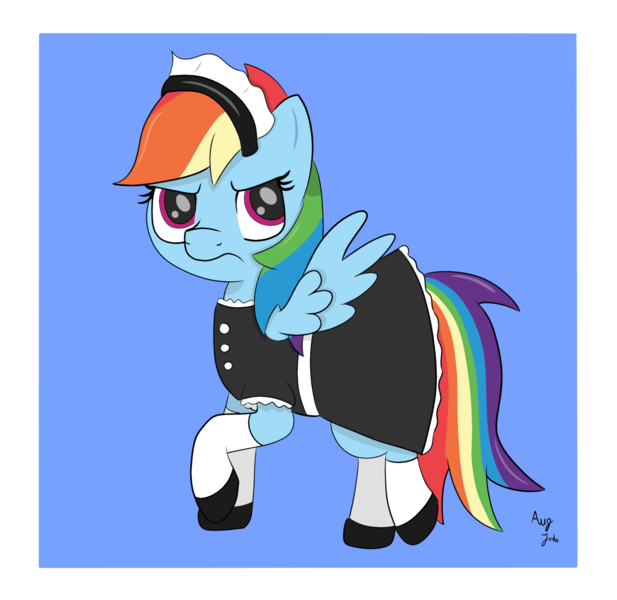 Size: 1500x1458 | Tagged: safe, artist:augjodo, derpibooru import, rainbow dash, pegasus, pony, annoyed, clothes, colored, digital art, female, maid, mare, rainbow dash always dresses in style, rainbow dash is not amused, simple background, unamused