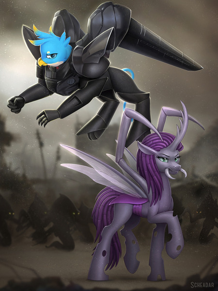 Size: 1200x1600 | Tagged: safe, artist:scheadar, derpibooru import, gallus, sweetie belle, changeling, gryphon, zerg, fanfic:starcraft queen and country, armor, changelingified, duo, fanfic art, flying, mobile police patlabor, patlabor, pincers, power armor, species swap, starcraft, wanderer d