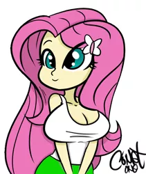 Size: 600x710 | Tagged: safe, artist:comet0ne, derpibooru import, fluttershy, bat pony, equestria girls, big breasts, breasts, busty fluttershy, cartoon, cleavage, clothes, cute, digital art, drawing tablet, female, flutterbat, hairpin, huge breasts, race swap, shyabetes, simple background, smiling, solo, tanktop, white background