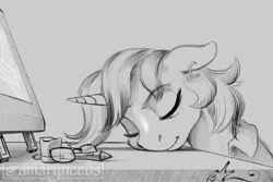 Size: 1200x800 | Tagged: safe, artist:amarynceus, deleted from derpibooru, derpibooru import, oc, oc:amarynceus, unofficial characters only, pony, unicorn, ear piercing, earring, eyes closed, female, jewelry, mare, monochrome, piercing, sleeping, solo