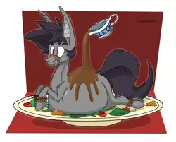 Size: 1700x1370 | Tagged: safe, artist:bigcdoodles, derpibooru import, oc, oc:rufus dough, unofficial characters only, bat pony, vampire, vampony, chubby, dinner, fat, food, gravy, gravy boat, holiday, horse meat, meat, pony as food, rope, solo, thanksgiving, tied up, unamused