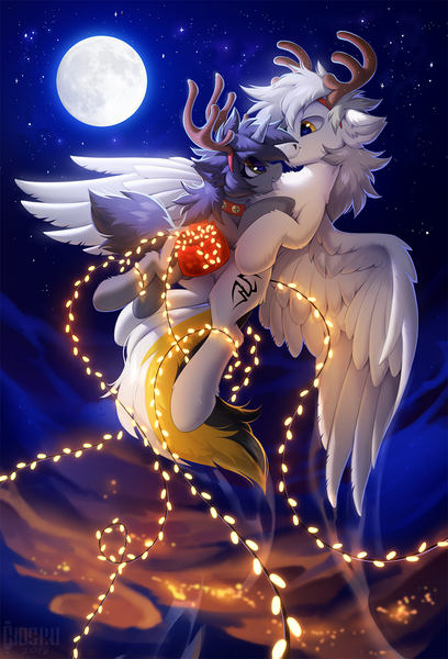 Size: 1020x1500 | Tagged: safe, artist:hioshiru, derpibooru import, oc, oc:kate, oc:kej, unofficial characters only, pegasus, pony, unicorn, antlers, bag, christmas, christmas ornament, cloud, decoration, ear fluff, female, fluffy, flying, full moon, holiday, k+k, male, mare, moon, night, night sky, oc x oc, ornament, reindeer antlers, saddle bag, shipping, sky, spread wings, stallion, starry night, straight, wings
