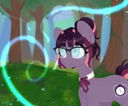 Size: 6000x5000 | Tagged: safe, artist:bestiary, artist:bestiary7, derpibooru import, oc, oc:luminous tempo, unofficial characters only, bicorn, pony, absurd resolution, forest, glasses, horn, horns, magic, multiple horns, necktie, purple hair, solo