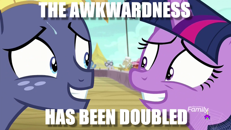 Size: 1200x675 | Tagged: safe, derpibooru import, edit, edited screencap, screencap, star tracker, twilight sparkle, twilight sparkle (alicorn), alicorn, earth pony, pony, once upon a zeppelin, awkward, caption, eye contact, image macro, looking at each other, meme, text