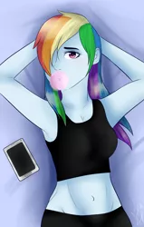 Size: 1600x2513 | Tagged: safe, artist:xxdestinyrosexx, derpibooru import, rainbow dash, equestria girls, arm behind head, armpits, belly button, bubblegum, clothes, female, food, gum, looking at you, looking up, looking up at you, lying down, mobile phone, phone, shorts, smartphone, solo, sports bra, sports shorts