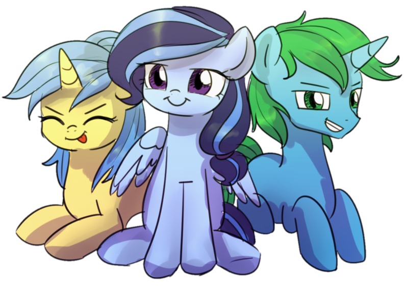 Size: 1166x829 | Tagged: safe, artist:tcn1205, derpibooru import, oc, oc:iris, oc:robert, oc:skydrop, unofficial characters only, pegasus, pony, unicorn, 2019 community collab, derpibooru community collaboration, cute, female, group, male, simple background, sitting, stallion, transparent background, trio