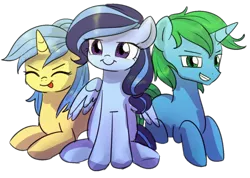 Size: 1166x829 | Tagged: safe, artist:tcn1205, derpibooru import, oc, oc:iris, oc:robert, oc:skydrop, unofficial characters only, pegasus, pony, unicorn, 2019 community collab, derpibooru community collaboration, cute, female, group, male, simple background, sitting, stallion, transparent background, trio