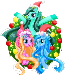 Size: 2283x2627 | Tagged: safe, artist:jucamovi1992, derpibooru import, oc, oc:aglaope, oc:piscis, oc:radne, oc:the dark stars, unofficial characters only, pony, siren, christmas, female, holiday, image, mare, png, simple background, transparent background