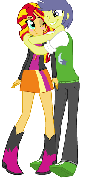 Size: 1032x1696 | Tagged: safe, artist:imtailsthefoxfan, derpibooru import, comet tail, sunset shimmer, human, equestria girls, blush sticker, blushing, cometshimmer, equestria girls-ified, female, hug, image, male, one eye closed, png, shipping, straight