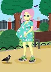 Size: 4865x6820 | Tagged: safe, artist:metaldudepl666, derpibooru import, fluttershy, bird, jackdaw, equestria girls, absurd resolution, alternate hairstyle, animal, belly, bench, big belly, clothes, cute, digital art, fetish, pregnant, pregnant equestria girls, shoes, sneakers, sneakers fetish, tree