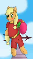 Size: 2268x4032 | Tagged: suggestive, artist:tacomytaco, derpibooru import, applejack, earth pony, pony, belly button, blushing, chest fluff, clothes, female, hanging, hanging wedgie, lip bite, midriff, panties, ripped underwear, shirt, shorts, underwear, wedgie