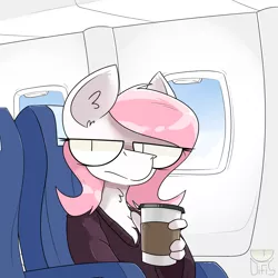 Size: 5120x5120 | Tagged: anthro, artist:dfs, artist:difis, bust, chair, coffee, derpibooru import, female, mare, oc, oc:sugar morning, plane, portrait, safe, seat, solo, straight face, text, tired, unofficial characters only, window