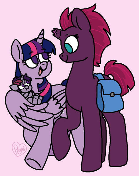 Size: 800x1016 | Tagged: safe, artist:sandwichbuns, derpibooru import, tempest shadow, twilight sparkle, twilight sparkle (alicorn), oc, oc:black magic, alicorn, pony, baby, baby pony, bag, female, lesbian, magical lesbian spawn, mother and child, mother and daughter, next generation, offspring, parent:tempest shadow, parent:twilight sparkle, parents:tempestlight, pink background, saddle bag, shipping, simple background, tempestlight, wing hands, wings