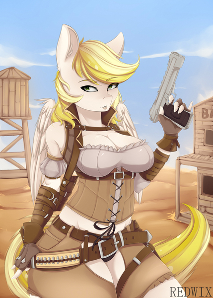 Size: 2500x3500 | Tagged: anthro, anthro oc, artist:redwix, breasts, chaps, cleavage, clothes, corset, cowboy hat, cowgirl, derpibooru import, female, gun, hat, oc, oc:dandelion blossom, panties, pegasus, solo, solo female, suggestive, underwear, weapon, western