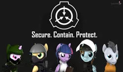 Size: 2400x1400 | Tagged: safe, artist:spinostud, derpibooru import, sci-twi, twilight sparkle, pegasus, pony, unicorn, 3d, ak74, armor, chaos insurgency, d-class, female, gas mask, group, gun, helmet, looking at you, m4a1, male, mare, mask, mobile task force, scientist, scp, scp containment breach, scp foundation, security, security guard, source filmmaker, stallion, weapon