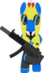 Size: 1400x2285 | Tagged: safe, artist:rd4590, derpibooru import, oc, oc:vortex clipper, pegasus, pony, alternate universe, armor, clothes, gun, heckler and koch, looking at you, mp5sd, necktie, royal guard armor, submachinegun, suit, sunglasses, suppressor, vector, weapon