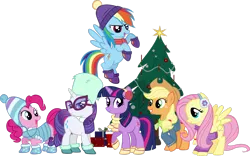 Size: 3095x1937 | Tagged: safe, artist:ironm17, derpibooru import, applejack, fluttershy, pinkie pie, rainbow dash, rarity, twilight sparkle, earth pony, pegasus, pony, unicorn, best gift ever, beanie, bedroom eyes, christmas, christmas tree, clothes, earmuffs, glasses, grin, happy, hat, holiday, jacket, looking at you, scarf, short-sleeved jacket, simple background, smiling, sweater, transparent background, tree, unicorn twilight, vector, winter outfit