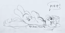 Size: 3640x1845 | Tagged: safe, artist:kasikomi, derpibooru import, roseluck, earth pony, pony, behaving like a cat, collar, cute, cyrillic, female, lying, lying down, mare, meow, monochrome, on back, one eye closed, open mouth, pet tag, pony pet, rosepet, russian, sketch, smiling, traditional art, translated in the description