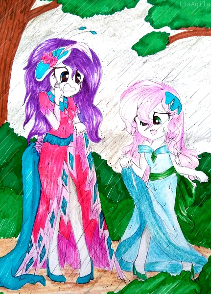 Size: 1364x1899 | Tagged: safe, artist:liaaqila, derpibooru import, rarity, sweetie belle, equestria girls, make new friends but keep discord, clothes, commission, dress, female, gala dress, high heels, makeup, rain, running makeup, shoes, siblings, sisters, traditional art, wet, wet hair