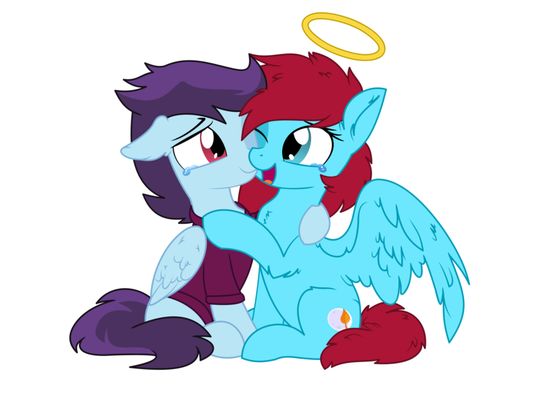 Size: 2928x2256 | Tagged: safe, artist:aureai, artist:cyanlightning, derpibooru import, oc, oc:autumn moon, oc:microburst, unofficial characters only, pegasus, pony, 2019 community collab, derpibooru community collaboration, .svg available, absurd resolution, clothes, crying, duo, feels, female, floppy ears, folded wings, halo, hug, male, mare, right in the feels, sad, simple background, spread wings, stallion, svg, tears of joy, teary eyes, the feels, transparent background, vector, wings