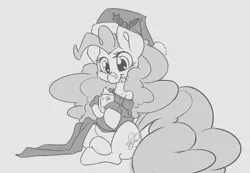 Size: 3300x2278 | Tagged: safe, artist:leadhooves, derpibooru import, pinkie pie, :p, christmas, clothes, costume, female, hat, holiday, monochrome, santa costume, santa hat, solo, tongue out