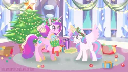 Size: 1920x1080 | Tagged: safe, artist:tiffanymarsou, derpibooru import, princess cadance, princess flurry heart, christmas, christmas tree, female, holiday, magic, mother and child, mother and daughter, present, telekinesis, tree