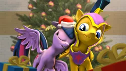 Size: 3840x2160 | Tagged: safe, artist:twilighlot, derpibooru import, flash sentry, twilight sparkle, twilight sparkle (alicorn), alicorn, 3d, armor, christmas, christmas tree, female, flashlight, hat, holiday, love, male, present, santa hat, shipping, soldier, source filmmaker, straight, time, tree