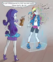 Size: 510x595 | Tagged: safe, alternate version, artist:vyazinrei, derpibooru import, edit, editor:logan jones, rainbow dash, rarity, equestria girls, equestria girls series, avengers: infinity war, clothes, disintegration, female, i don't feel so good, imminent death, implied death, infinity gauntlet, meme, shitposting, snap