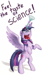 Size: 668x1136 | Tagged: safe, artist:hilloty, derpibooru import, twilight sparkle, twilight sparkle (alicorn), alicorn, pony, erlenmeyer flask, evil grin, female, fun, grin, magic, mare, messy mane, pure unfiltered evil, rearing, science, simple background, smiling, solo, spread wings, telekinesis, this will end in science, tongue out, white background, wings