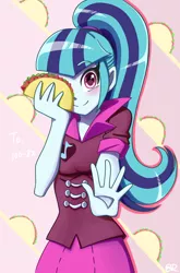 Size: 800x1210 | Tagged: safe, artist:tastyrainbow, derpibooru import, sonata dusk, equestria girls, blushing, cute, food, note, one eye closed, ponytail, pretty, solo, sonatabetes, sonataco, taco, that girl sure loves tacos, that siren sure does love tacos, wink