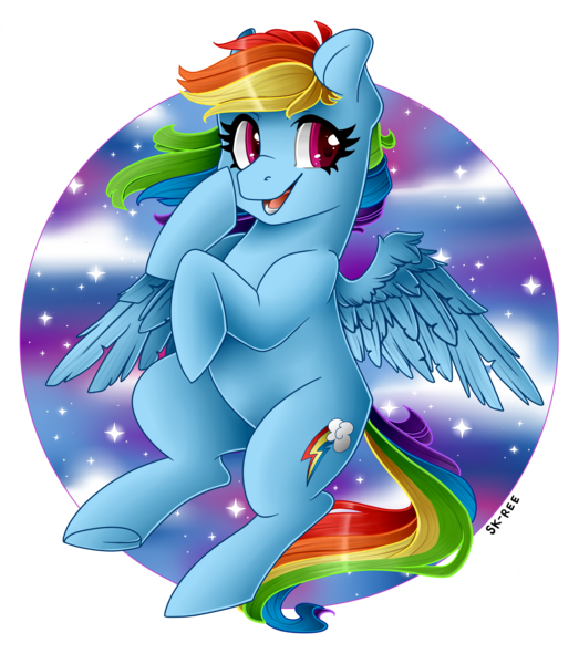 Size: 2480x2845 | Tagged: safe, artist:sk-ree, derpibooru import, rainbow dash, pegasus, pony, abstract background, cute, cutie mark, female, happy, mare, open mouth, simple background, smiling, solo, spread wings, stars, transparent background, underhoof, wings