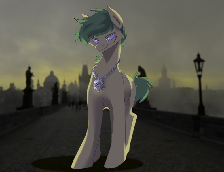 Size: 1310x1010 | Tagged: safe, artist:teapup, derpibooru import, oc, oc:loki, unofficial characters only, earth pony, pony, cat eyes, earth, intimidating, lighting, male, perspective, prague, scar, slit eyes, solo, stallion, witcher