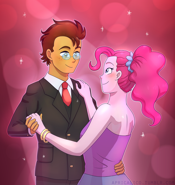 Size: 2974x3140 | Tagged: safe, artist:feellikeaplat, deleted from derpibooru, derpibooru import, pinkie pie, oc, oc:copper plume, equestria girls, blushing, bracelet, canon x oc, clothes, commission, commissioner:imperfectxiii, copperpie, dancing, dress, female, freckles, glasses, hand on hip, hand on shoulder, high res, holding hands, jewelry, male, necktie, ponytail, shipping, smiling, straight, suit