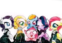 Size: 3433x2399 | Tagged: alicorn, applejack, artist:mashiromiku, black dress, clothes, derpibooru import, dress, fluttershy, mane six, oc, oc:mimi, pinkie pie, rainbow dash, rarity, safe, traditional art, twilight sparkle, twilight sparkle (alicorn), watercolor painting