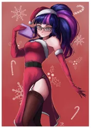 Size: 848x1200 | Tagged: safe, artist:the-park, derpibooru import, twilight sparkle, equestria girls, bare shoulders, christmas, clothes, costume, female, garters, glasses, hat, holiday, santa costume, santa hat, side slit, simple background, sleeveless, socks, solo, stockings, strapless, thigh highs