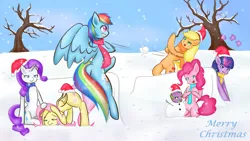 Size: 3265x1837 | Tagged: safe, artist:zoxriver503, derpibooru import, applejack, fluttershy, pinkie pie, rainbow dash, rarity, spike, twilight sparkle, earth pony, pegasus, pony, unicorn, female, mane seven, mane six, mare, smiling, snowball fight