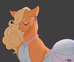 Size: 1300x1100 | Tagged: safe, artist:lxxjunebugxxl, derpibooru import, applejack, earth pony, pony, applejack also dresses in style, blushing, clothes, dress, ear piercing, earring, eyes closed, female, freckles, jewelry, mare, necklace, pearl necklace, piercing, solo