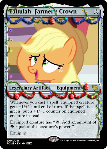 Size: 375x523 | Tagged: applejack, applejack's hat, best gift ever, ccg, christmas, christmas lights, cowboy hat, derpibooru import, edit, hat, holiday, magic the gathering, ornament, safe, tinsel, trading card, trading card edit, triple pony dare ya