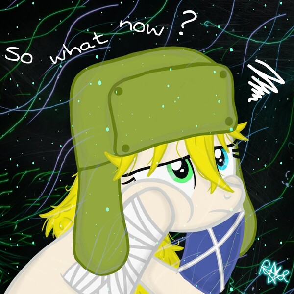 Size: 1280x1280 | Tagged: safe, artist:kobato98, derpibooru import, oc, oc:klever, ponified, unofficial characters only, earth pony, pony, bandage, black background, bored, female, hat, heterochromia, simple background, thinking, tired, ushanka