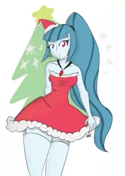 Size: 3000x4230 | Tagged: safe, artist:kazabomb, derpibooru import, sonata dusk, equestria girls, alternate costumes, christmas, christmas tree, clothes, dress, hat, holiday, santa hat, simple background, socks, solo, stockings, thigh highs, tree