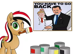 Size: 1500x1125 | Tagged: safe, artist:pananovich, derpibooru import, edit, oc, oc:syriana, earth pony, human, pony, bashar al-assad, brush, donald trump, female, nation ponies, one eye closed, paint, picture, politics, smiling, syria, wall, wink, you have to go back