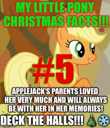 Size: 370x429 | Tagged: applejack, caption, christmas, christmas tree, derpibooru import, edit, edited screencap, emoji, excessive exclamation marks, fun fact, holiday, image macro, implied bright mac, implied death, implied pear butter, my little pony christmas facts, safe, screencap, snow, snowflake, text, tree