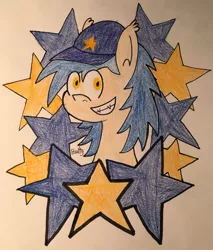 Size: 2948x3467 | Tagged: safe, artist:b-cacto, derpibooru import, oc, oc:moonshot, unofficial characters only, bat pony, baseball cap, cap, hat, solo, stars, traditional art
